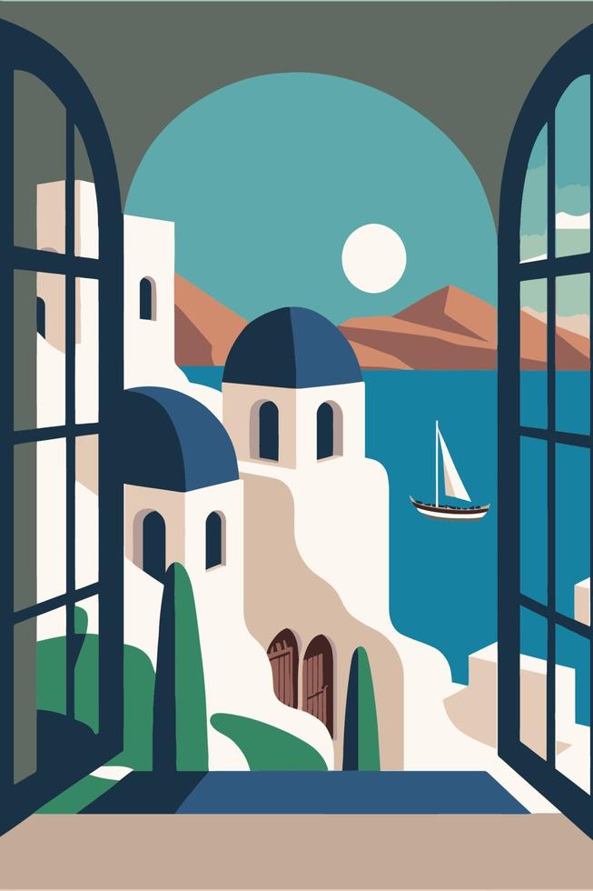 Santorini island travel Vector flat color Illustration Background