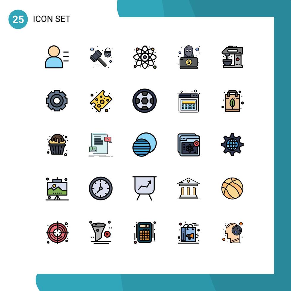 paquete de 25 modernos signos y símbolos de colores planos de línea rellena para medios de impresión web, como investigación de robo de café, detective espía, elementos de diseño de vectores editables
