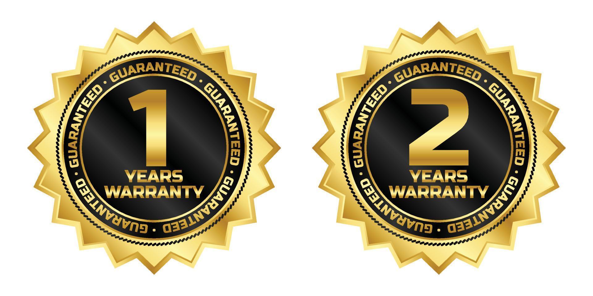 1 y 2 años de garantía vector de logotipo de insignia garantizado con color negro y dorado para la etiqueta del producto