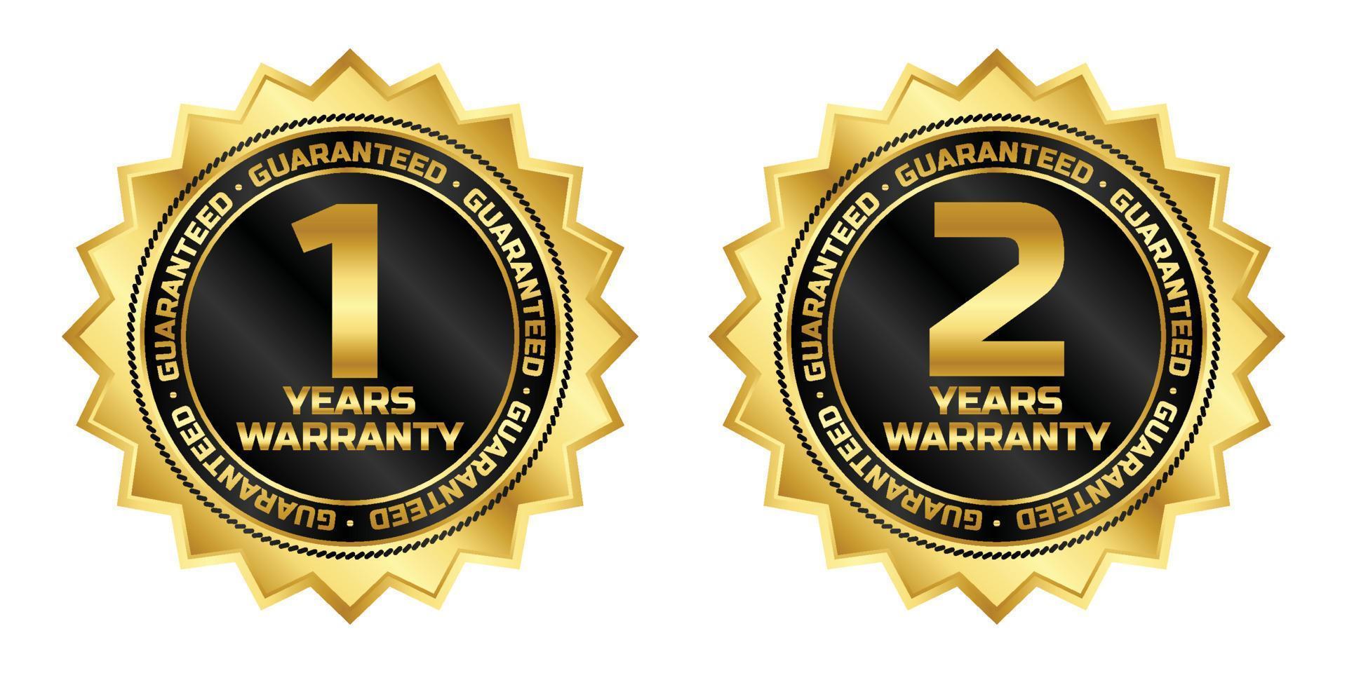 1 and 2 years warranty guaranteed badge logo vector with black and gold color for product label
