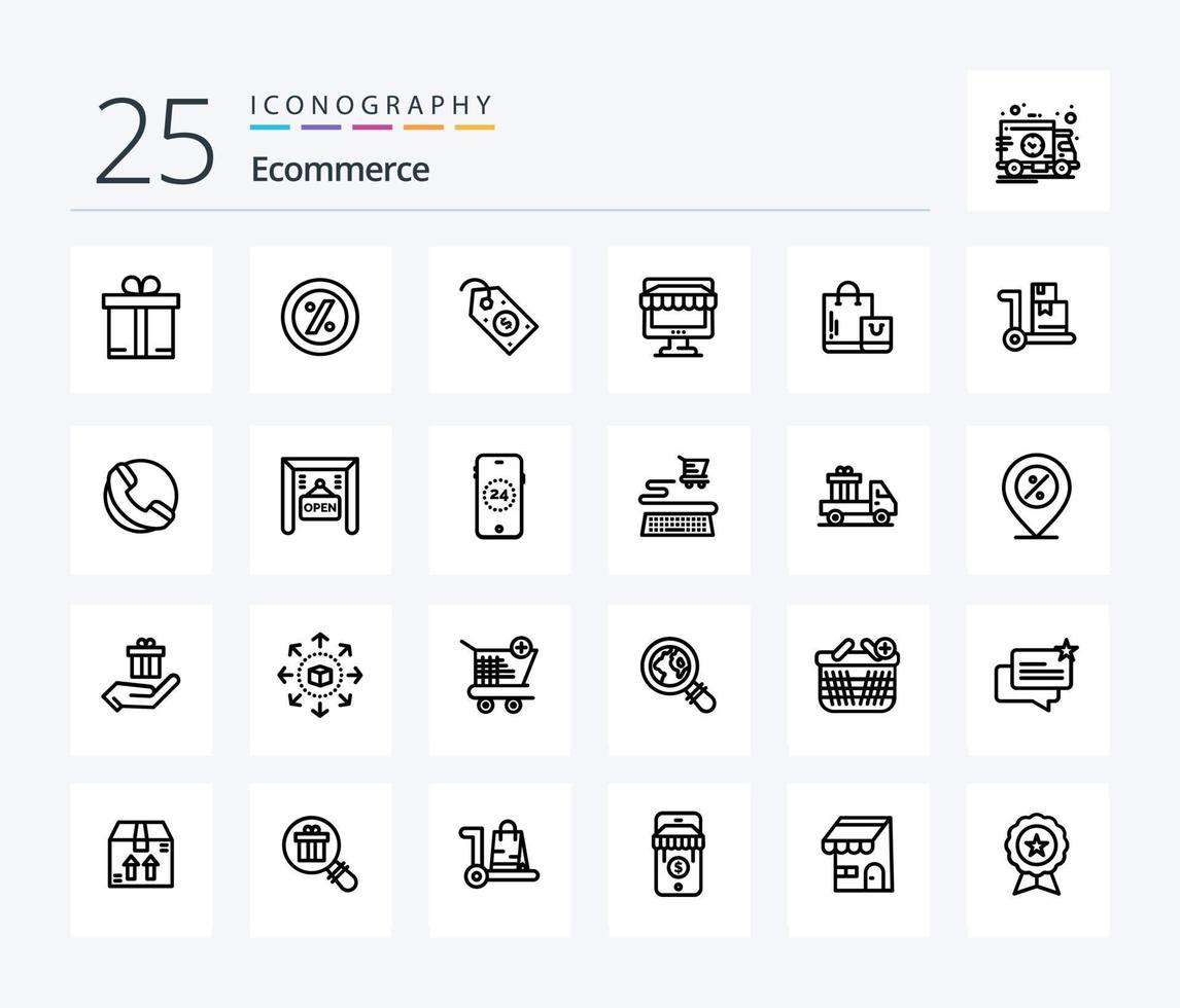 Ecommerce 25 Line icon pack including market. bag. price. online. shopping vector