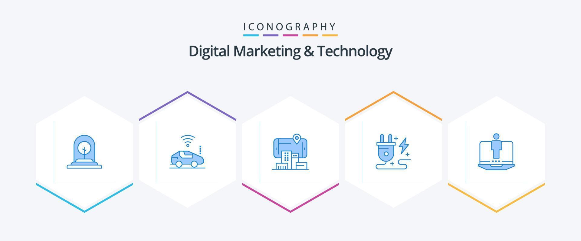 Digital Marketing And Technology 25 Blue icon pack including laptop. power. signal. plug. audmented vector