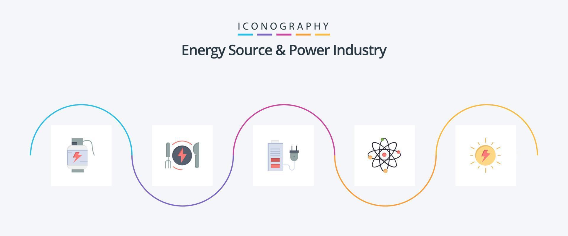 fuente de energía y paquete de iconos de 5 planos de la industria de la energía que incluye. laboratorio. acumulador. poder. átomo vector