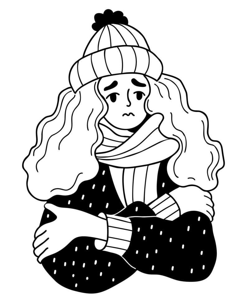 Unhappy woman freezing wearing and shivering. vector illustration. hand drawn doodle style. Winter season and suffering of low minus degrees temperature.