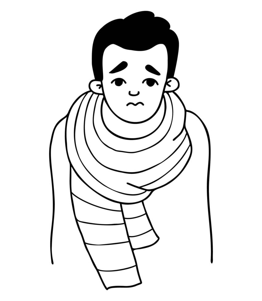 Frozen, sad sick guy, wrapped in scarf. Vector Outline illustration in doodle style. Male character concept of cold season, colds and treatment.