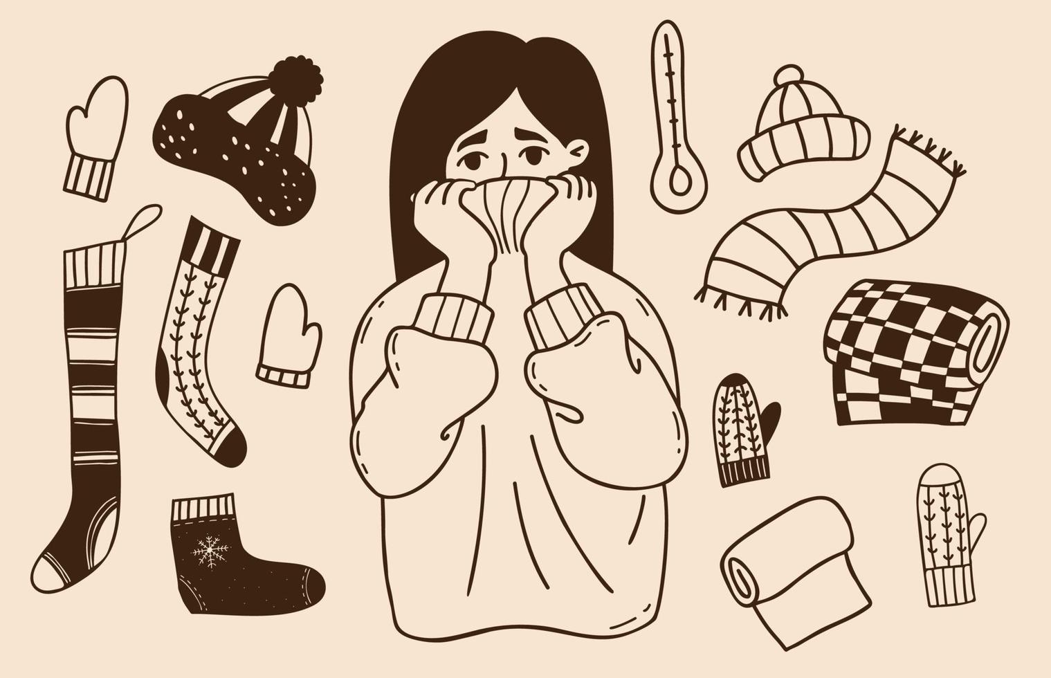 colección de garabatos de invierno. mujer congelada vistiendo envuelta en un suéter cálido y temblando. junto a calcetines y medias de punto, gorro, bufanda, plaid y mitones. vector aislar dibujos lineales a mano.