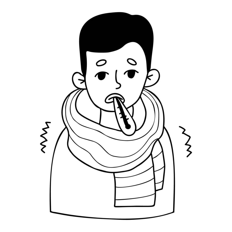 Frozen, sick guy, wrapped in scarf, with thermometer. Vector Outline illustration in doodle style. Male character concept of cold season, colds and treatment.