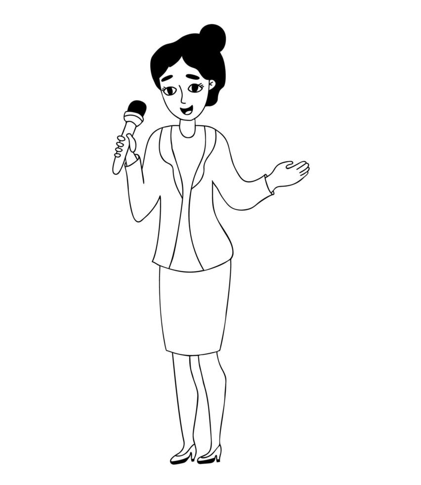 mujer periodista líder con micrófono. ilustración vectorial garabato lineal. personaje femenino conceptual, profesión moderna y periodismo, trabajo y reportajes, medios y televisión. vector