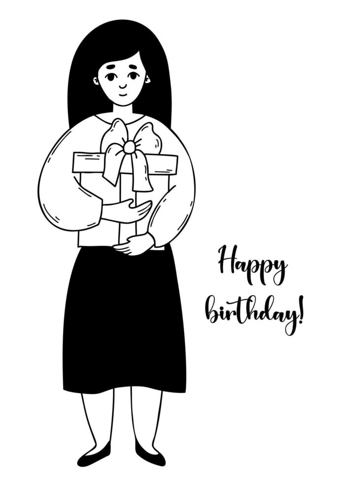 Woman with big gift box in her hands. Happy birthday tex. Vector illustration in doodle style. Female character for design of holiday themes.