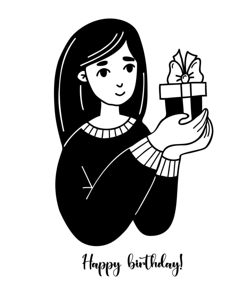 happy woman with small gift. happy birthday greeting. Vector illustration in style doodle. Female holiday character for design.