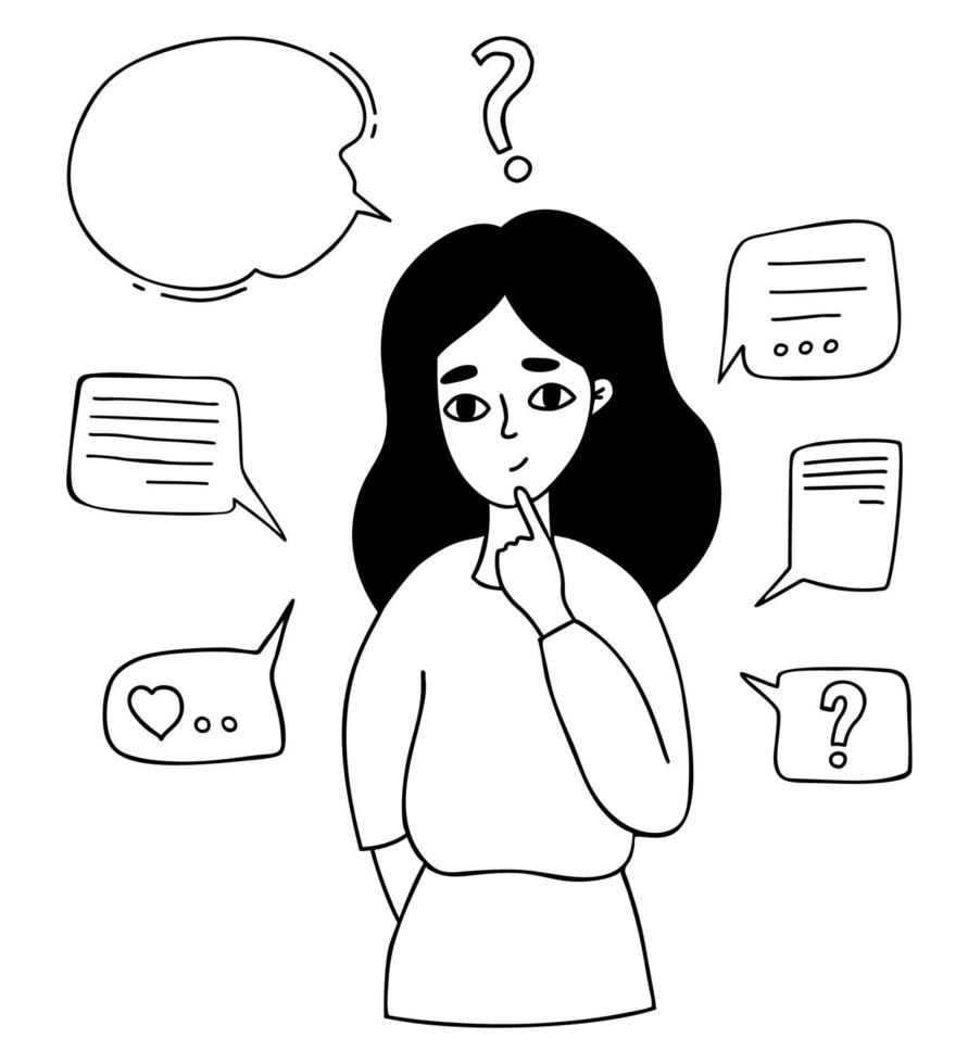 Portrait of thinking person. Thoughtful cute girl with text bubbles, messages and thoughts. Vector illustration. linear hand drawn doodle. Concept of online communication and modern woman.