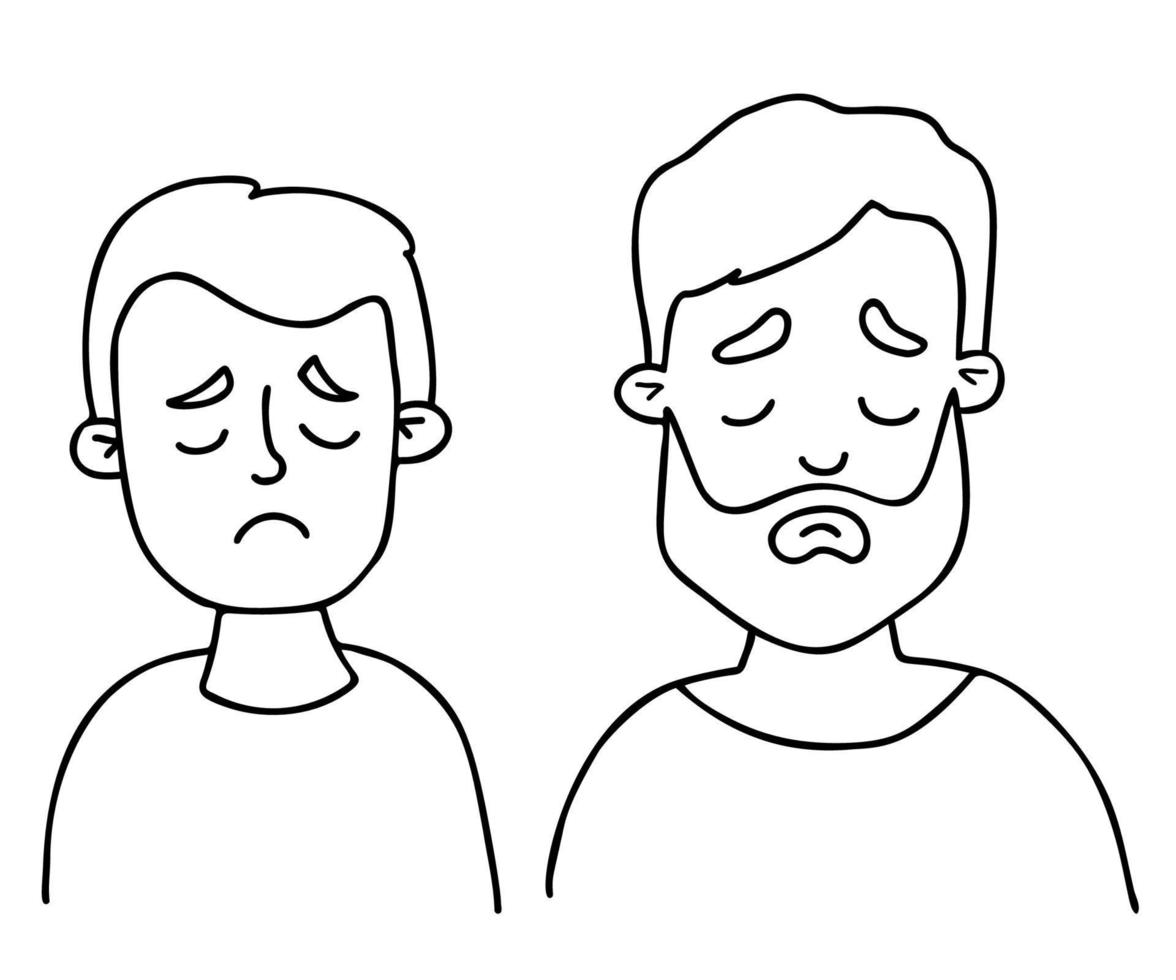 Sad male portraits faces of father and son. Vector Outline drawings. Isolated linear faces avatars for design.