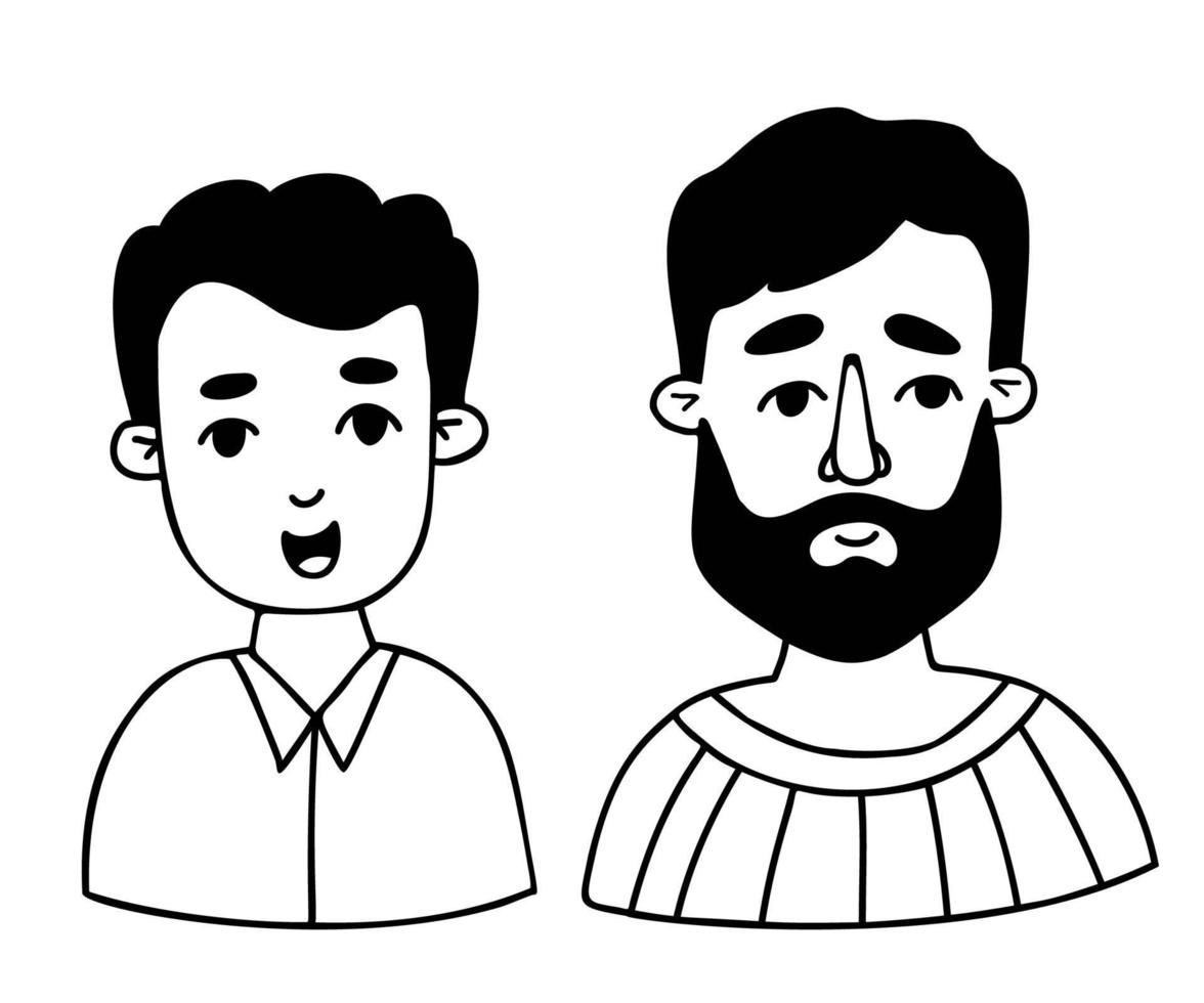 Happy Male faces. Portraits of father and son. Vector hand drawings in doodle style