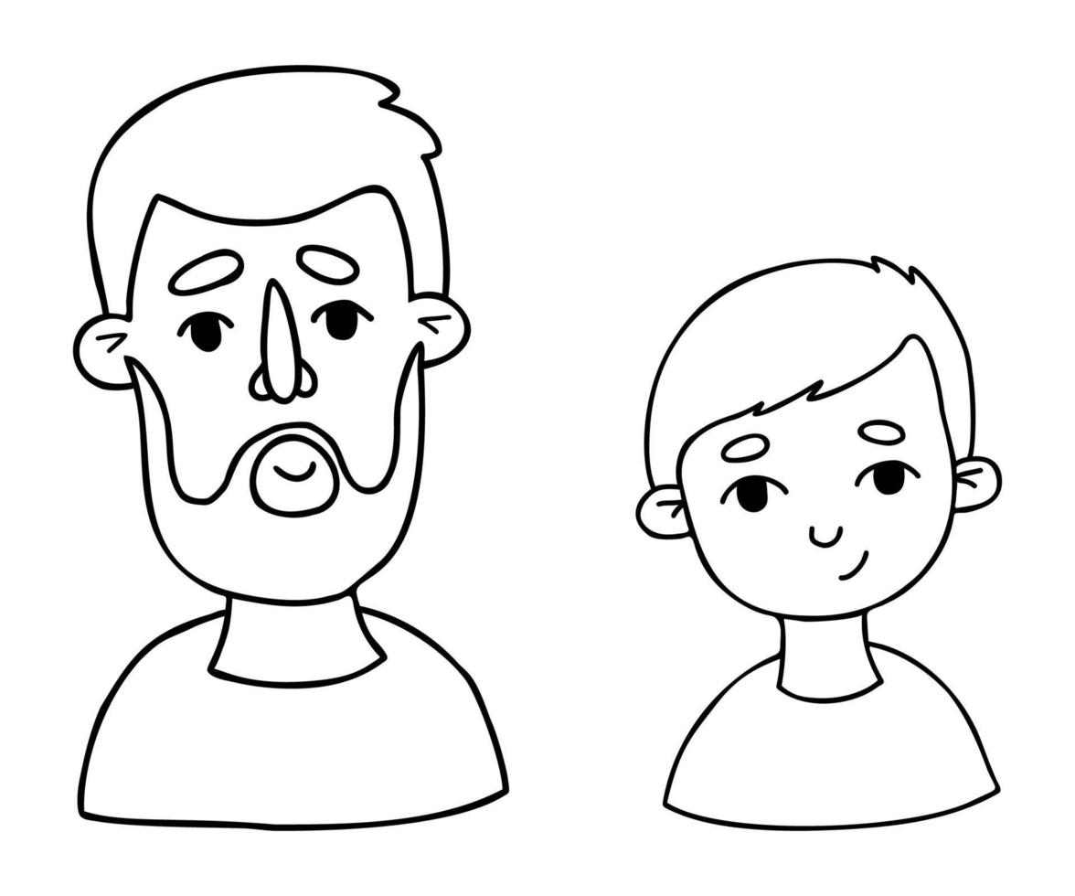 Happy Male faces. Portraits of father and son. Vector Outline drawings. Isolated linear faces avatars for design, decor, social networks.