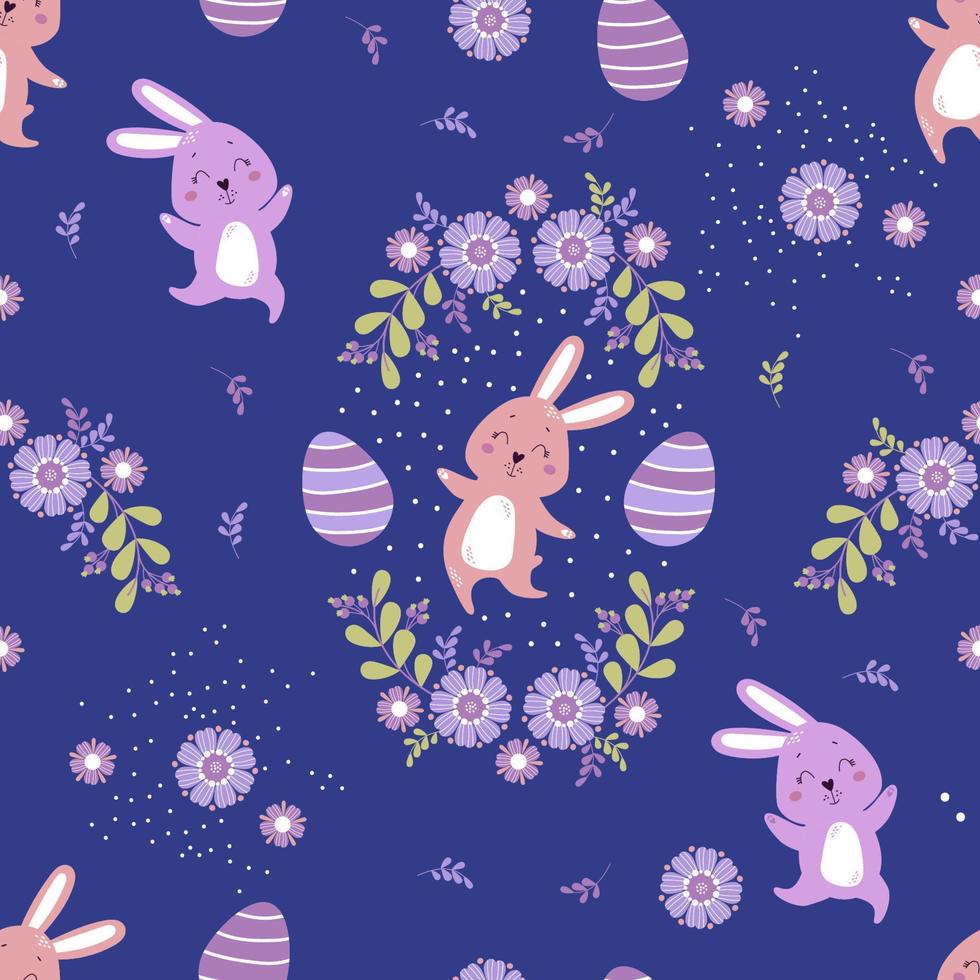 Seamless pattern. Happy cute easter bunnies with easter eggs and flowers on blue background. Vector illustration. For Easter decoration and design, decor, print, packaging and wallpaper