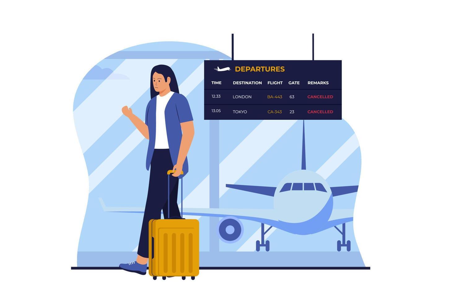 Cancelled flight illustration design concept. Illustration for website, landing page, mobile app, poster and banner. Trendy flat vector illustration