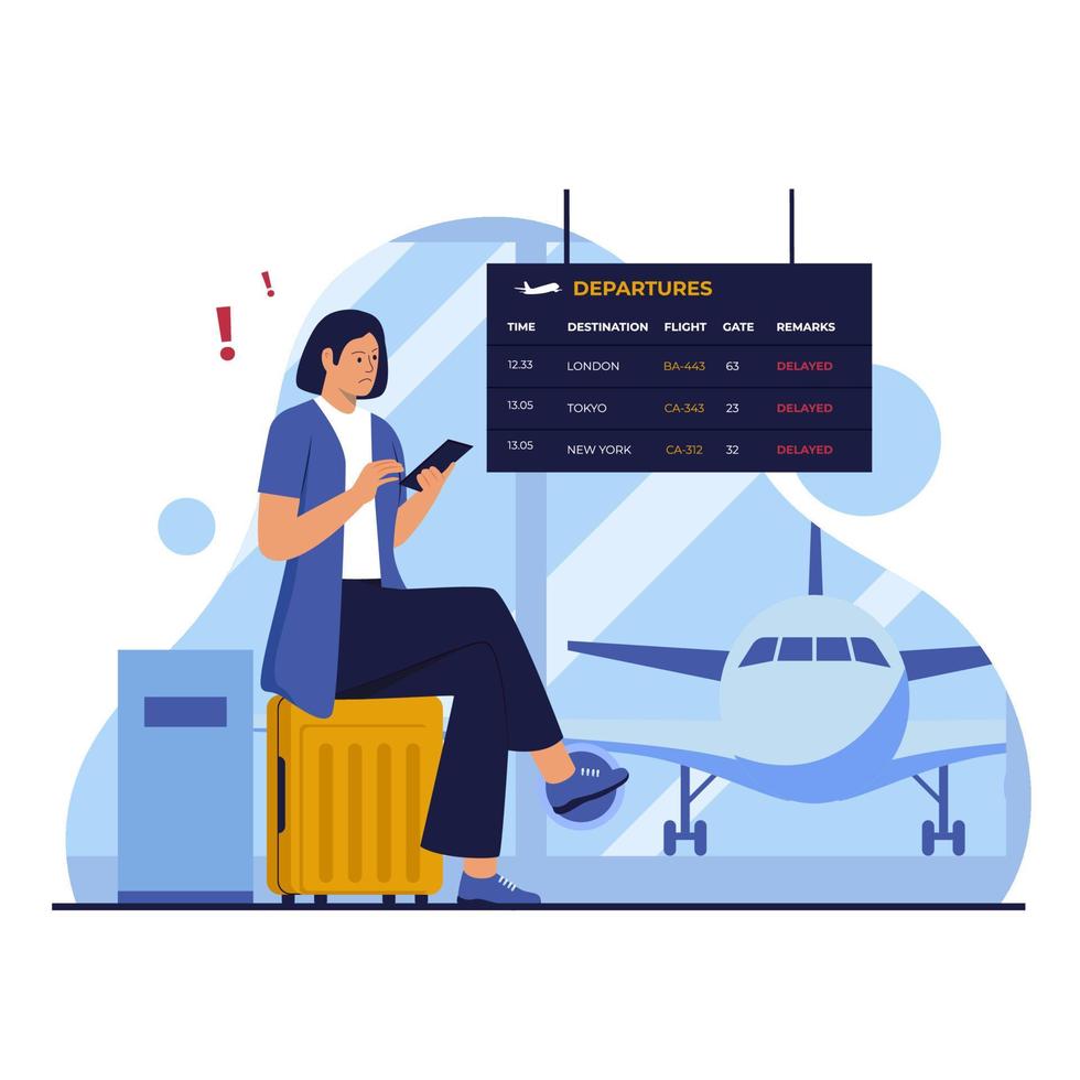 Delayed flight illustration design concept. Illustration for website, landing page, mobile app, poster and banner. Trendy flat vector illustration
