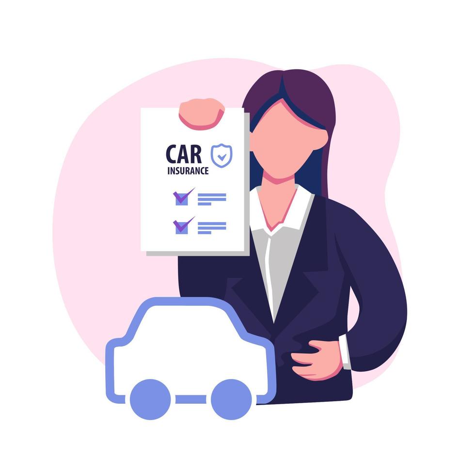 Car insurance coverage concept. Driver and paper document for insured auto vehicle. Automobile protection, security, safety set. Flat graphic vector illustrations isolated on white background