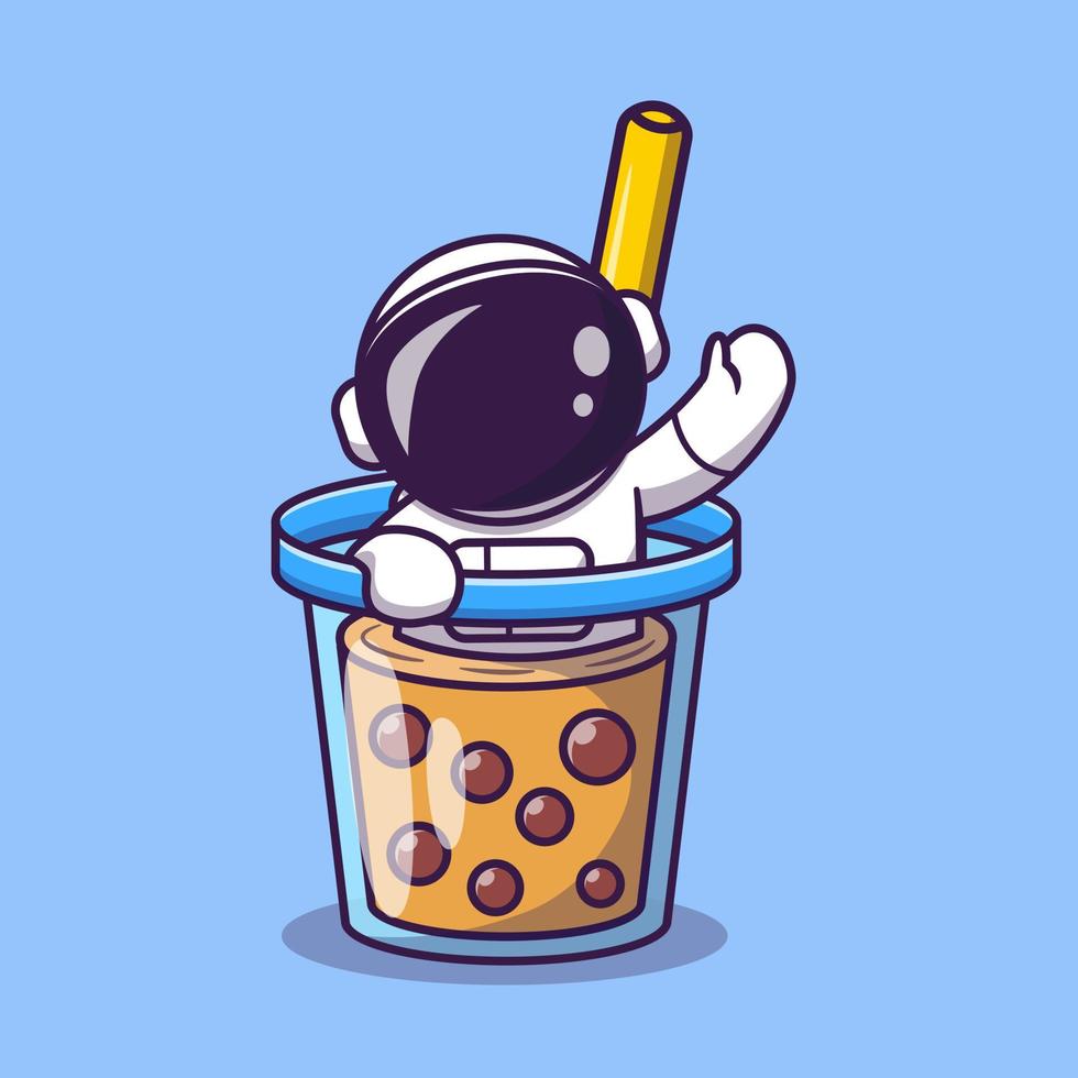 Cute Astronaut In Boba Milk Tea Cup Cartoon Vector Icon Illustration. Space Food And Drink Icon Concept Isolated Premium Vector. Flat Cartoon Style