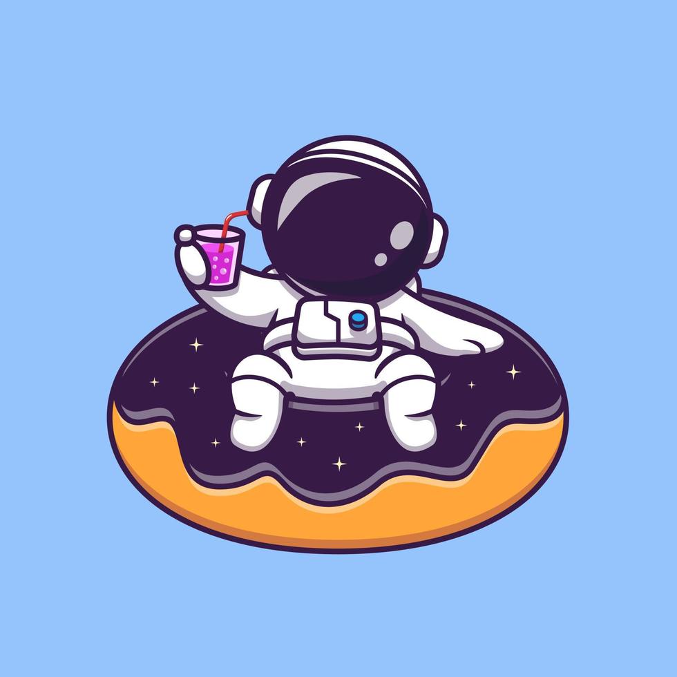 Cute Astronaut Floating On Space Donut Balloon Cartoon Vector Icon Illustration. Space Summer Icon Concept Isolated Premium Vector. Flat Cartoon Style