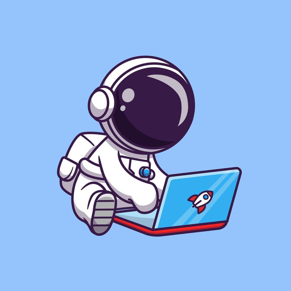 Cute Astronaut Playing Laptop Cartoon Vector Icon Illustration. Science Technology Icon Concept Isolated Premium Vector. Flat Cartoon Style