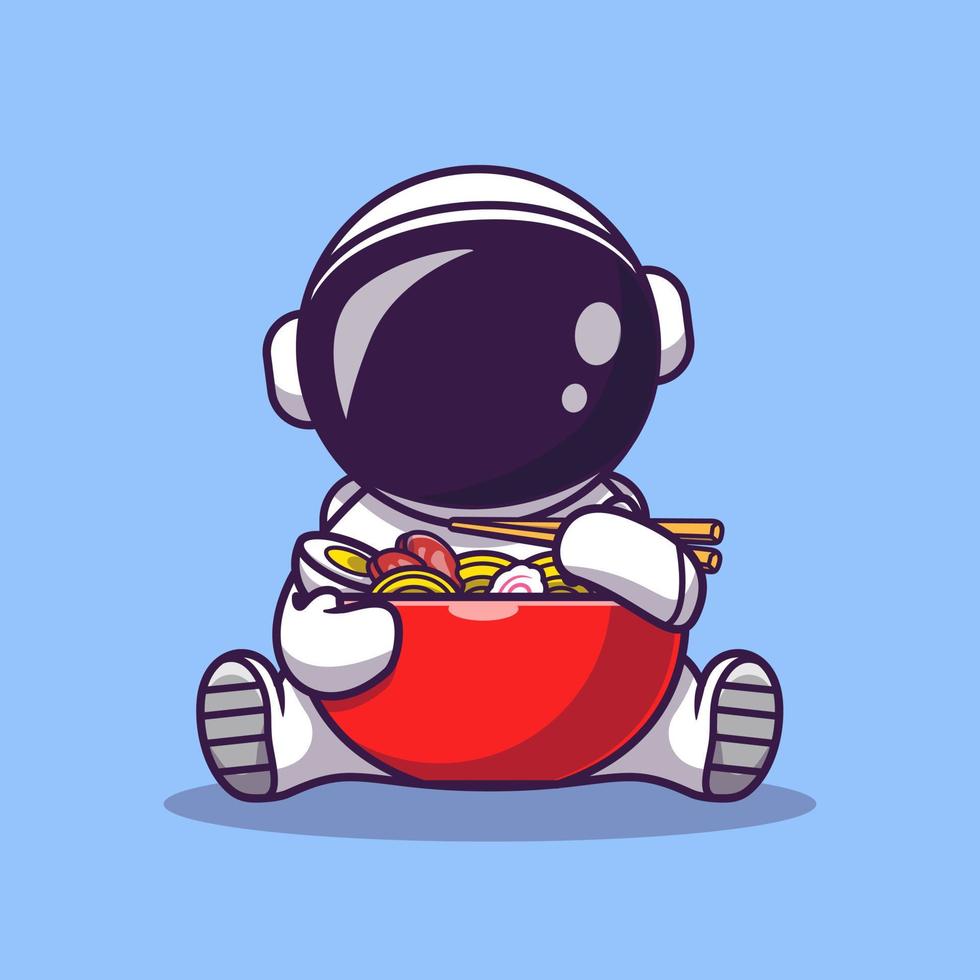 el astronauta lindo come la ilustración del icono del vector de dibujos animados de ramen. concepto de icono de comida científica vector premium aislado. estilo de dibujos animados plana