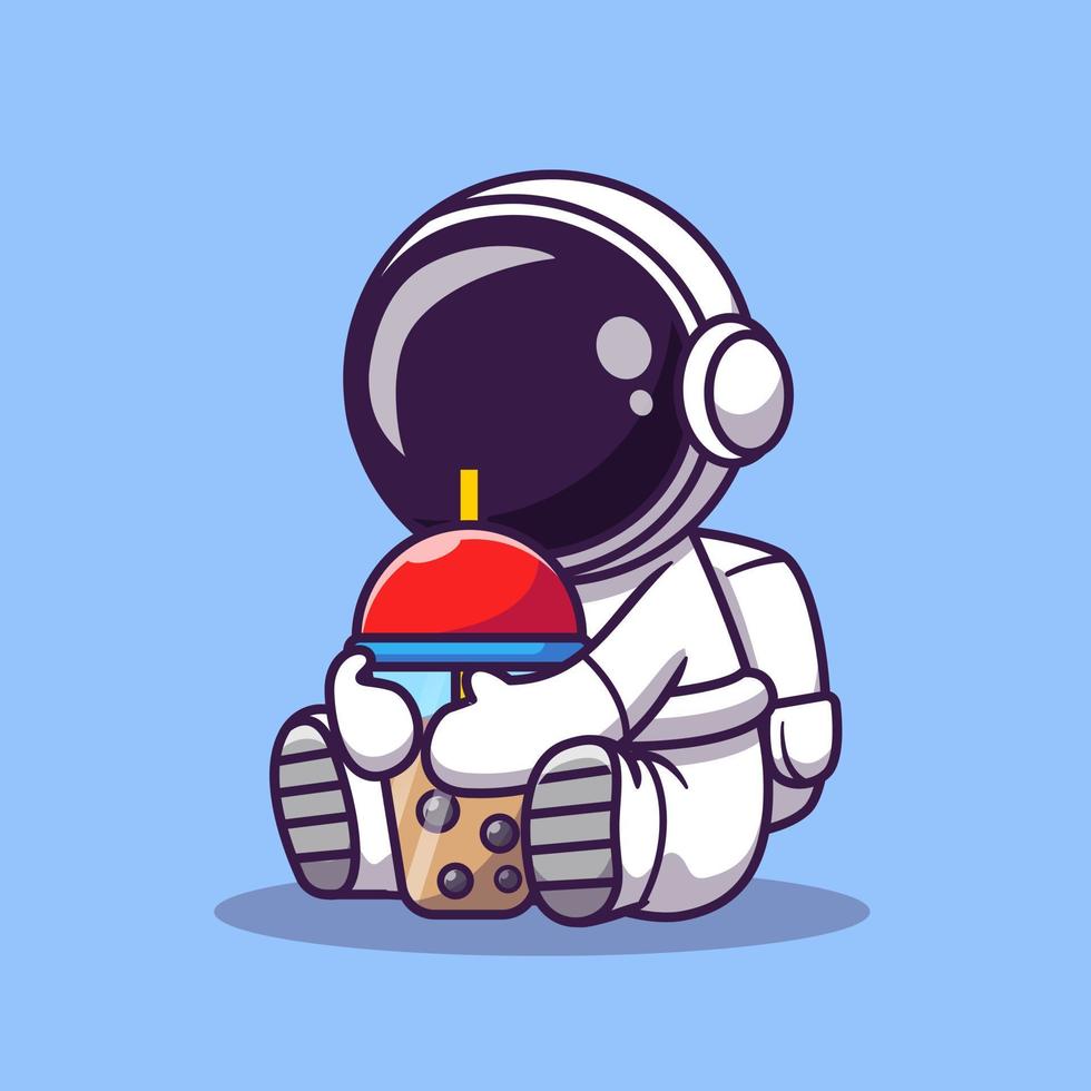 Cute Astronaut Drinking Boba Milk Tea Cartoon Vector Icon Illustration. Science Food And Drink Icon Concept Isolated Premium Vector. Flat Cartoon Style