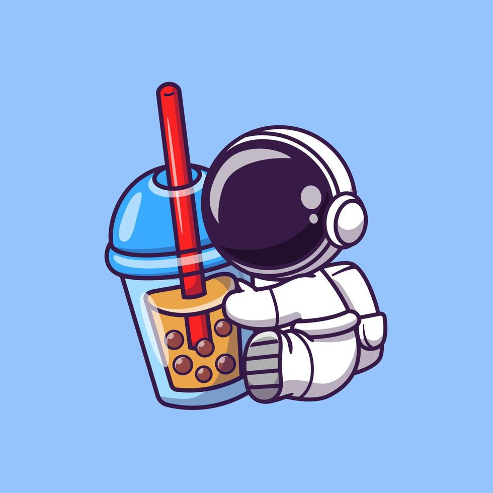 Cute Astronaut Holding Boba Milk Tea Cartoon Vector Icon Illustration. Space Food And Drink Icon Concept Isolated Premium Vector. Flat Cartoon Style