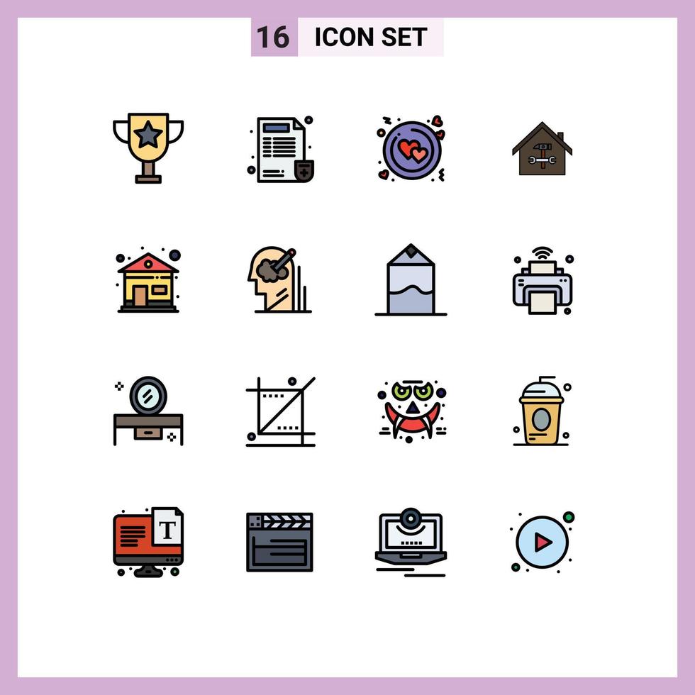 Modern Set of 16 Flat Color Filled Lines Pictograph of building hammer love repair building Editable Creative Vector Design Elements