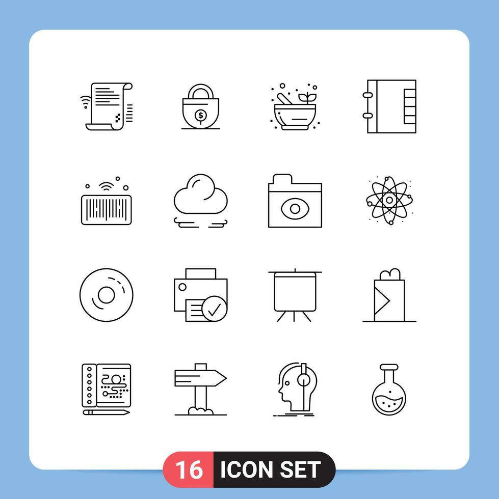 Group of 16 Modern Outlines Set for iot barcode lock phone contacts Editable Vector Design Elements