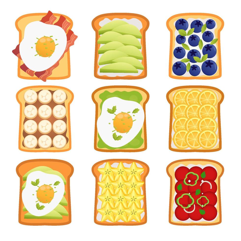 Morning sandwiches colored vector. Healthy food with toasted bread, fresh vegetables and sauces, eggs, tomatoes, berry and avocado ingredients vector