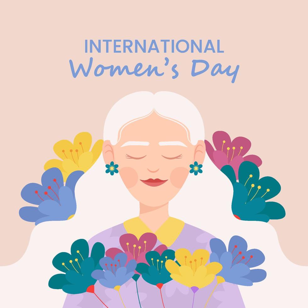 día Internacional de la Mujer. encantadoras chicas felices en flores. ilustración de vector plano colorido para banner, tarjeta, postal, invitación, volante.