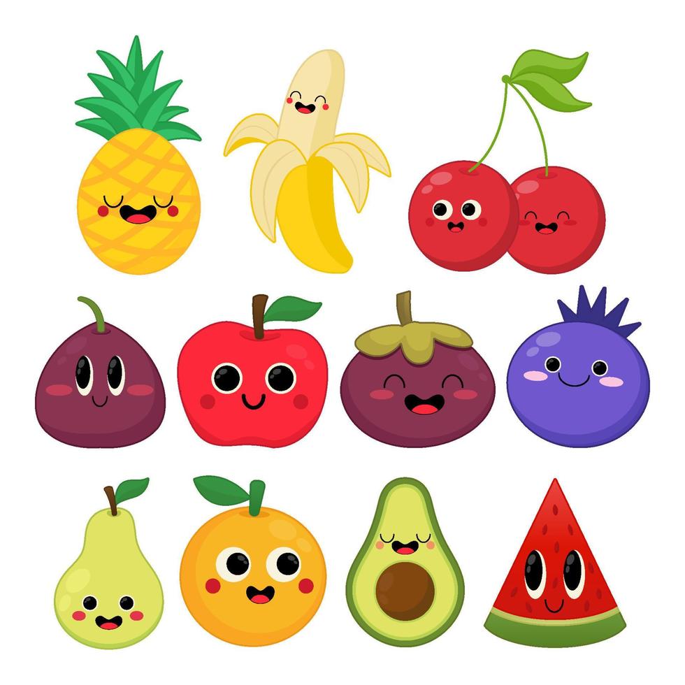 feliz lindo conjunto de cara de fruta sonriente. colección de iconos de ilustración de personaje de dibujos animados kawaii plano vectorial vector