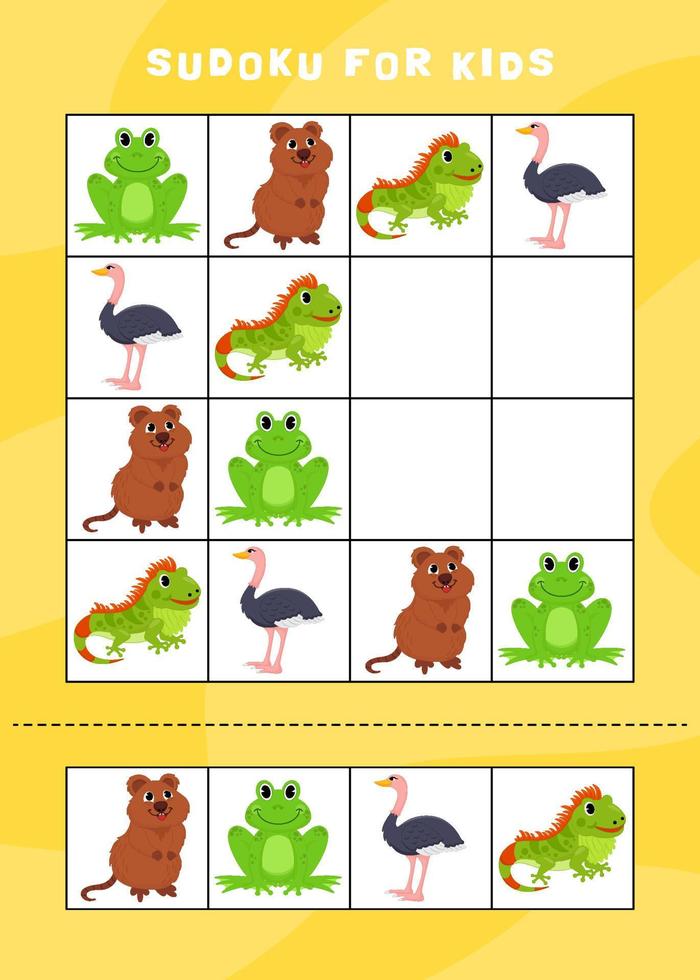 Hojas de trabajo de sudoku para niños con tema de animales. vector