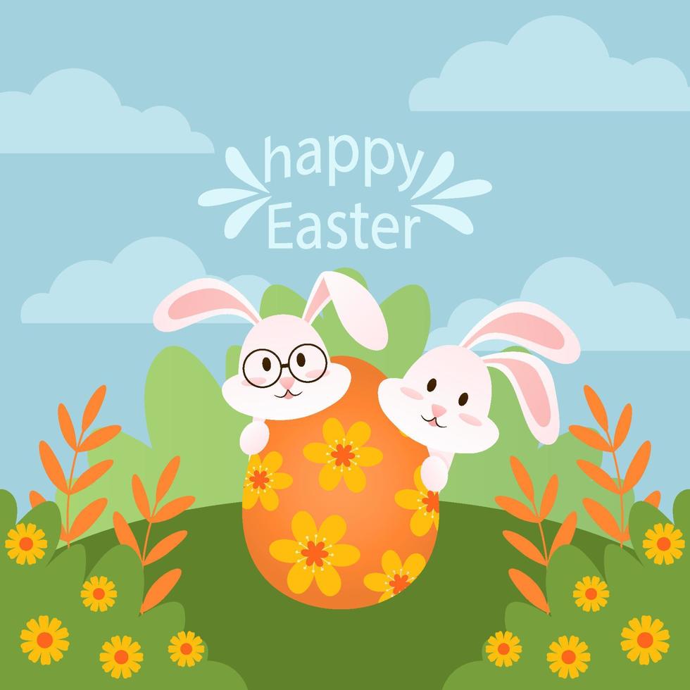 Cute vector image of an Easter bunny square card template. Can be used in social media, invitation, postcard, online advertising and banner design.