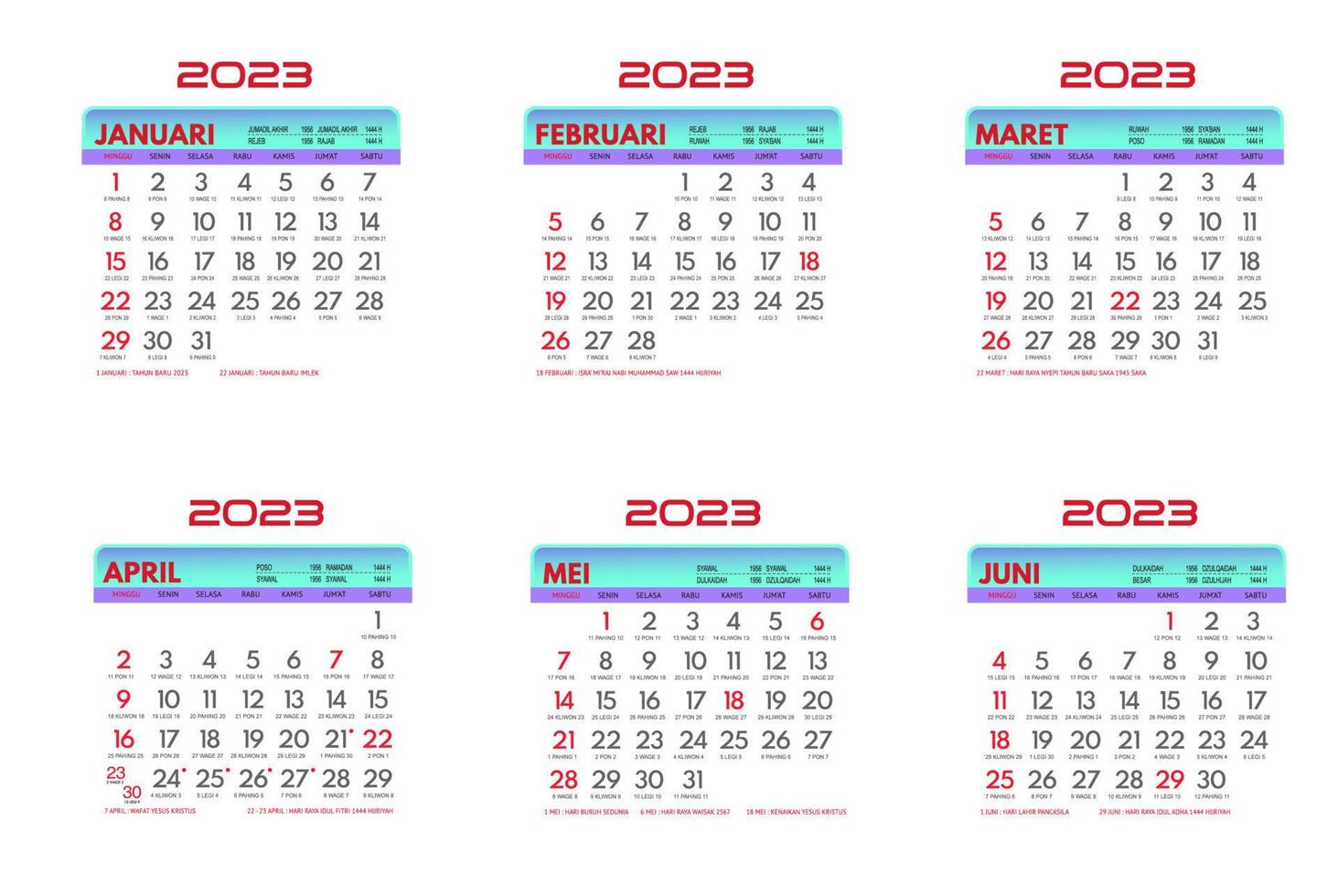 Template Calendar  2023 January to June vector