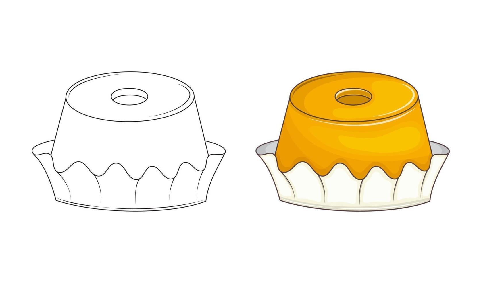 Brazilian dessert Quindim with coconut flakes. Kids coloring book for elementary school. Latin American Sweets. National Latin American Cuisine. Vector illustration. Cartoon.