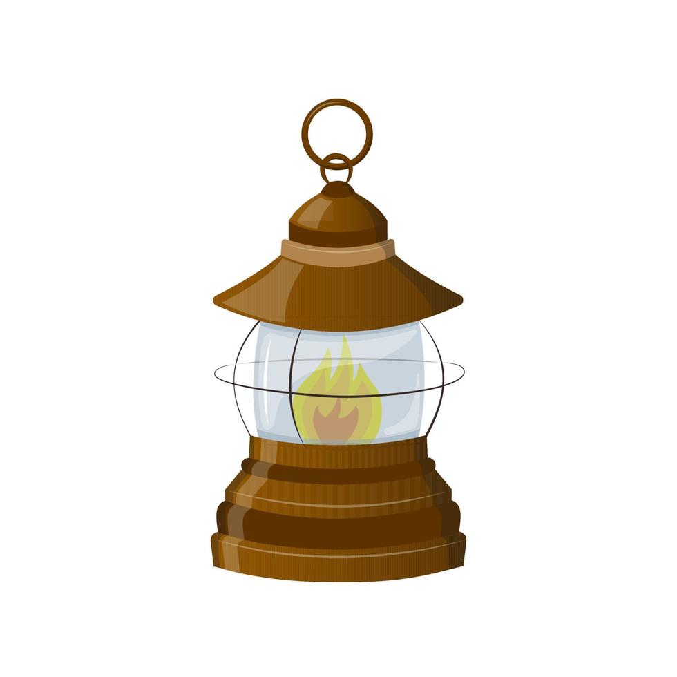 Kerosene lamp for camping, gardening, camping, walking. Insulated brown lantern. Vector illustration. Cartoon.