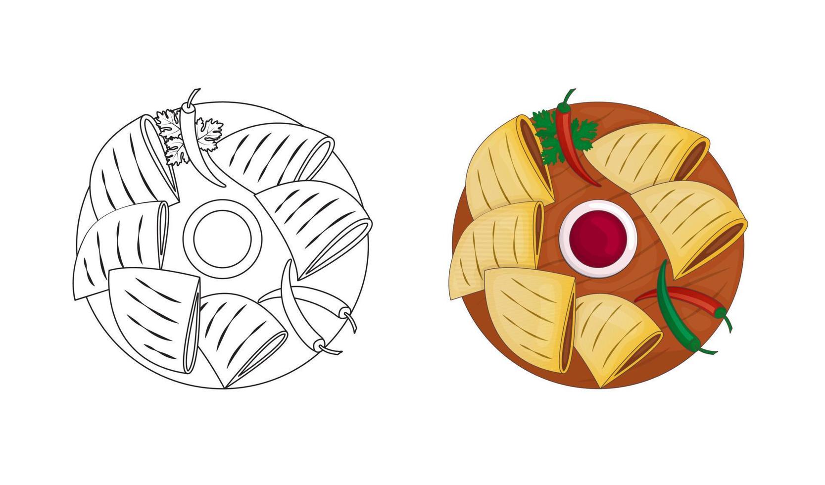 Quick Mexican snack - Quesadilla with hearty filling and sauce. Kids coloring book for elementary school. Pan-fried tortillas. Vector illustration. Cartoon.