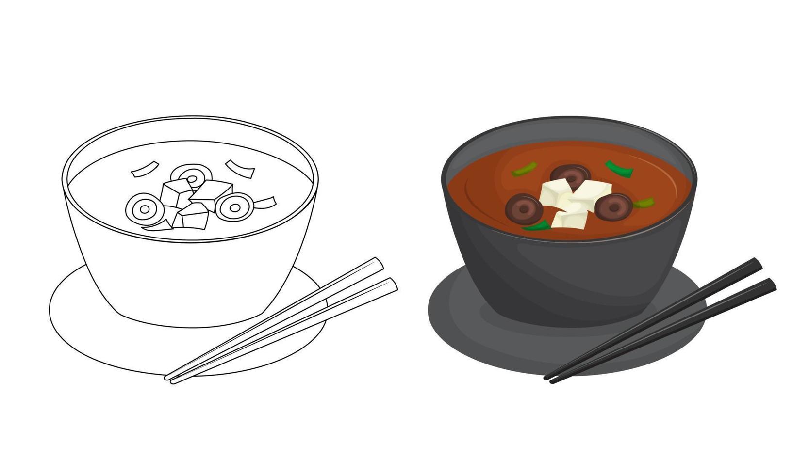 Japanese miso soup in black bowl with mushrooms and tofu. Kids coloring book for elementary school. Traditional Asian cuisine. Vector illustration. Cartoon.