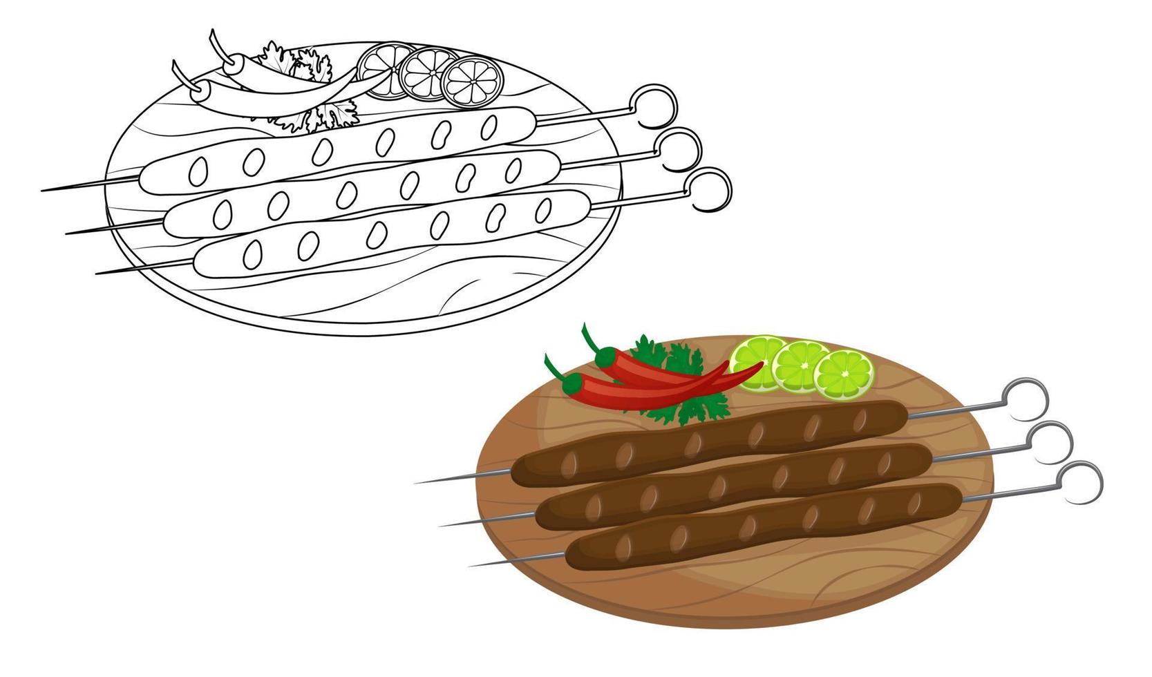 East Asian dish - kebab. Kids coloring book for elementary school. Minced meat on skewer with lime greens. Vector illustration. Cartoon.