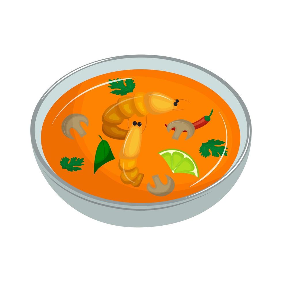 Sharp Thai soup - Tom Yam with shrimp, lime and chili. Traditional Asian cuisine. Vector illustration. Cartoon.