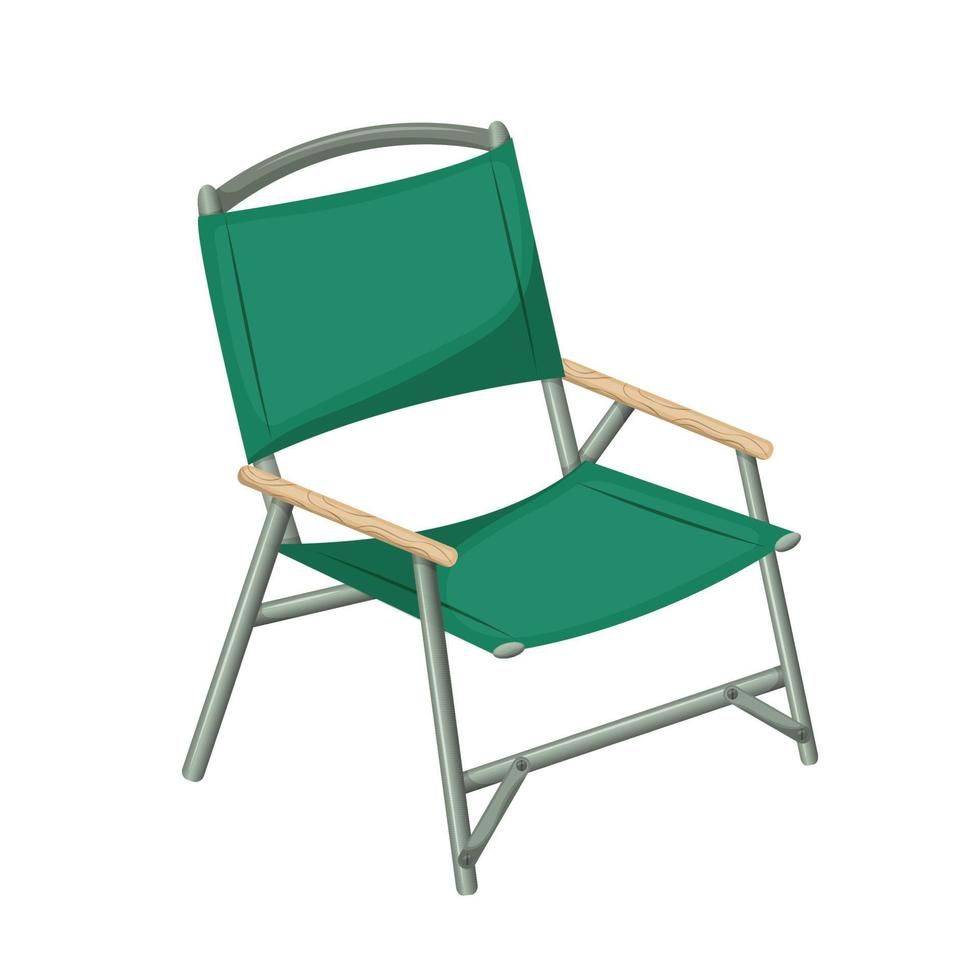 Folding portable green camping chair. Folding picnic chair icon, insulated on white background. Vector illustration. Cartoon.