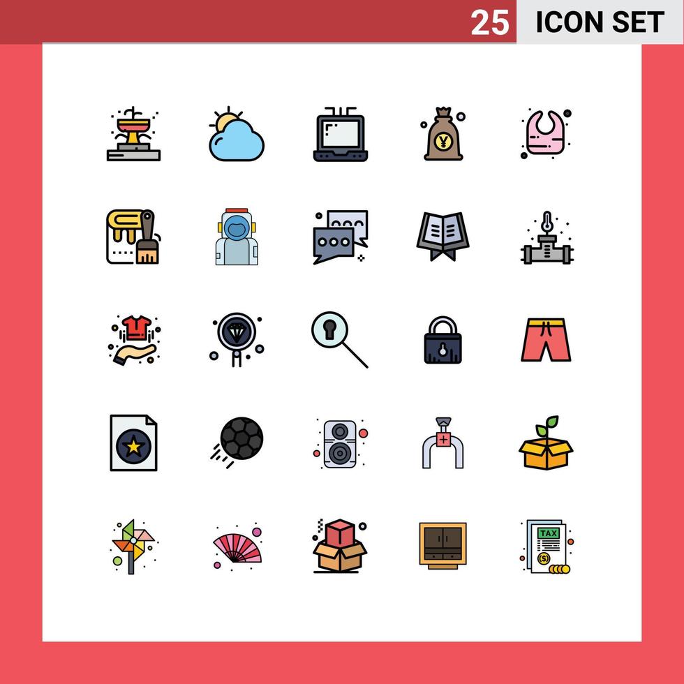 Conjunto de 25 colores planos de línea rellena universal para aplicaciones web y móviles bolsa de portátil para bebé infantil elementos de diseño vectorial editables en japonés vector