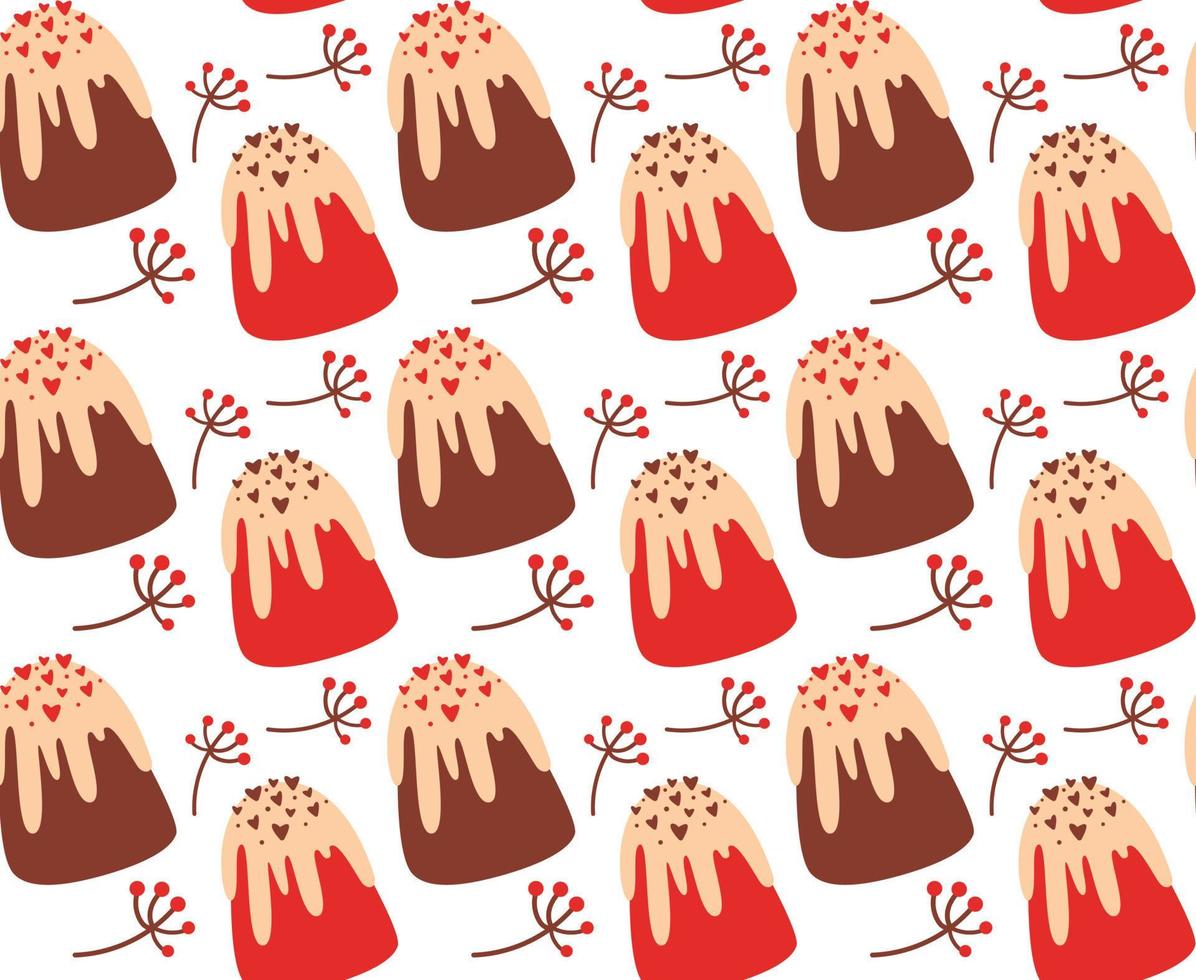 Seamless pattern with different cupcakes on a white background. Sweet pastry decorated with hearts. vector