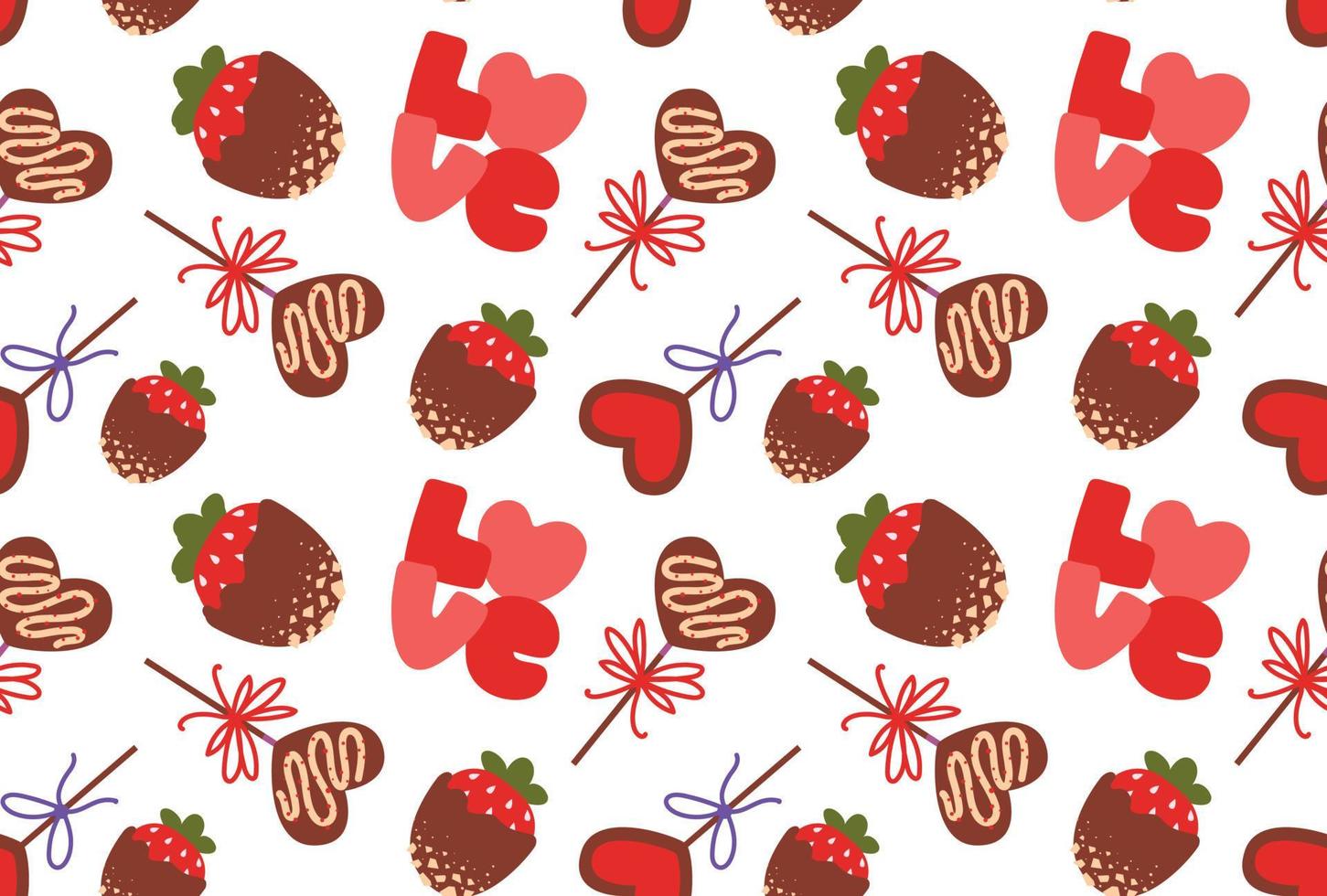 Seamless pattern with sweets for Valentine's Day. Chocolate covered strawberries, candy, love. Festive cute background for valentine's day. vector