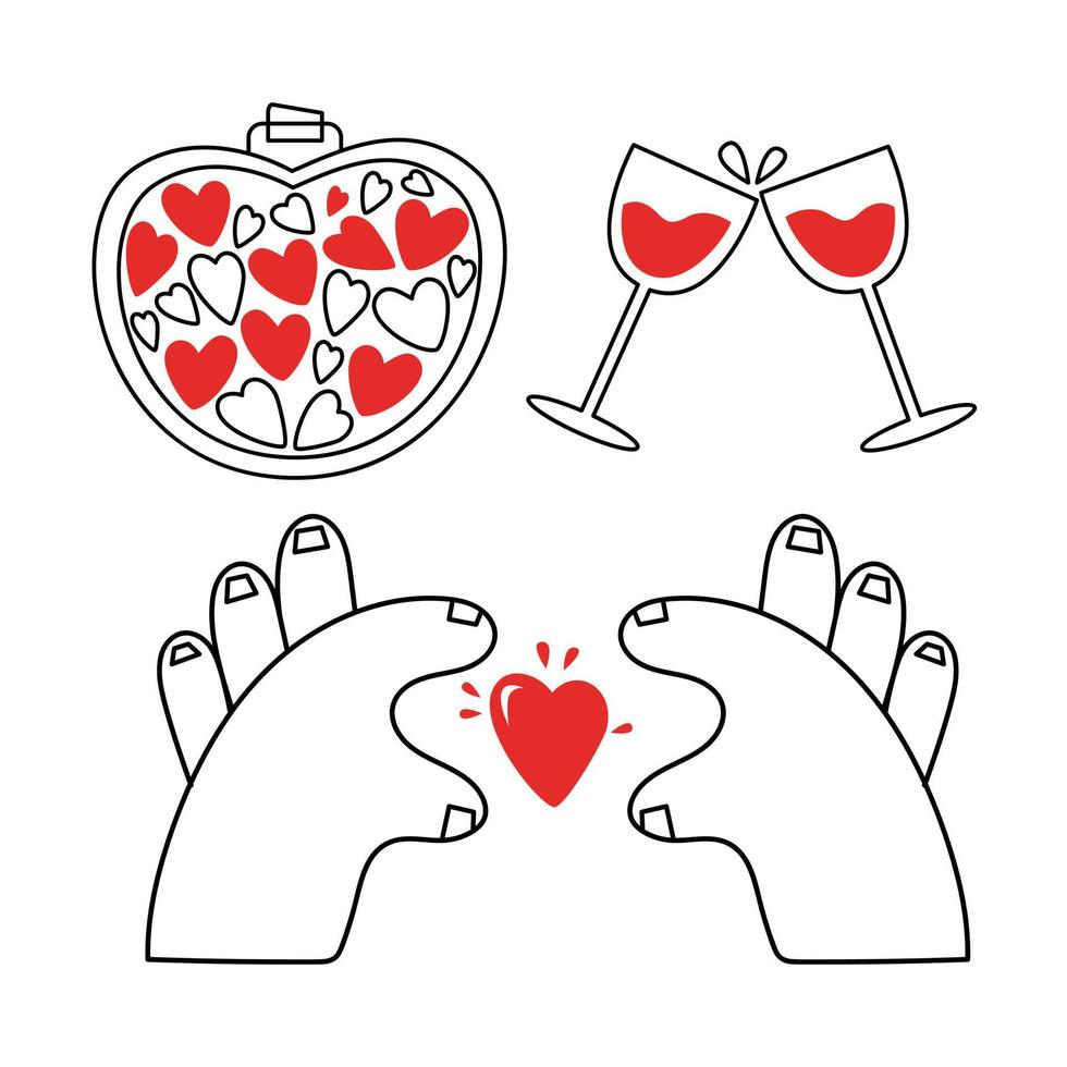 Set of love elements. Vector doodle bottle of magic love potion, wine glasses, hands with heart.