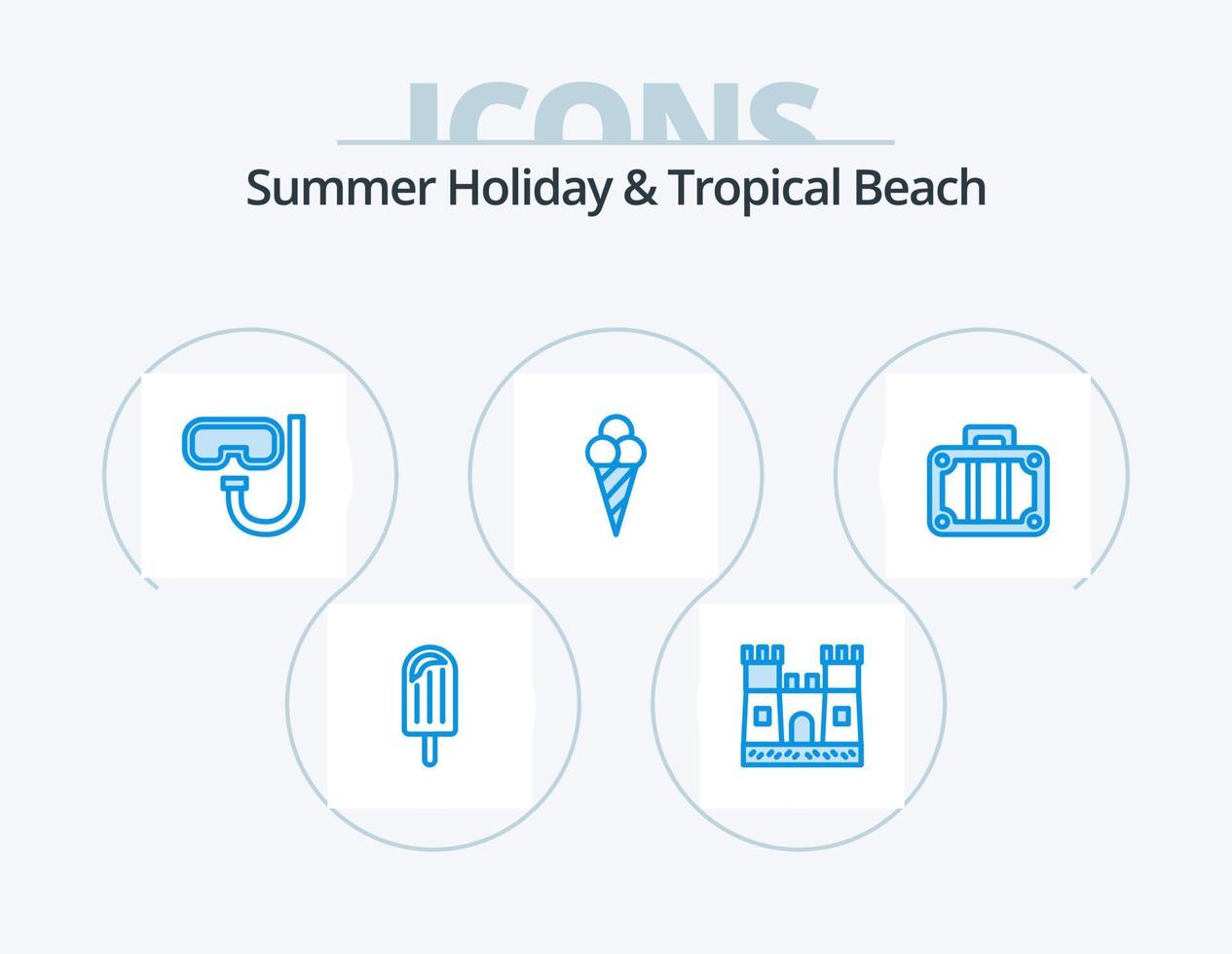 paquete de iconos azul de playa 5 diseño de iconos. viajar. vacación. gafas de protección. playa. helado vector