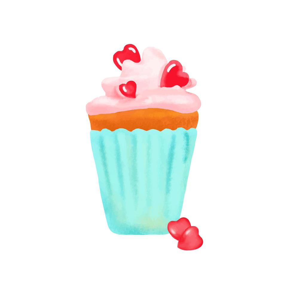 Cupcake decorated with hearts and cream, made with watercolor brushes, for a postcard, banner, congratulations vector