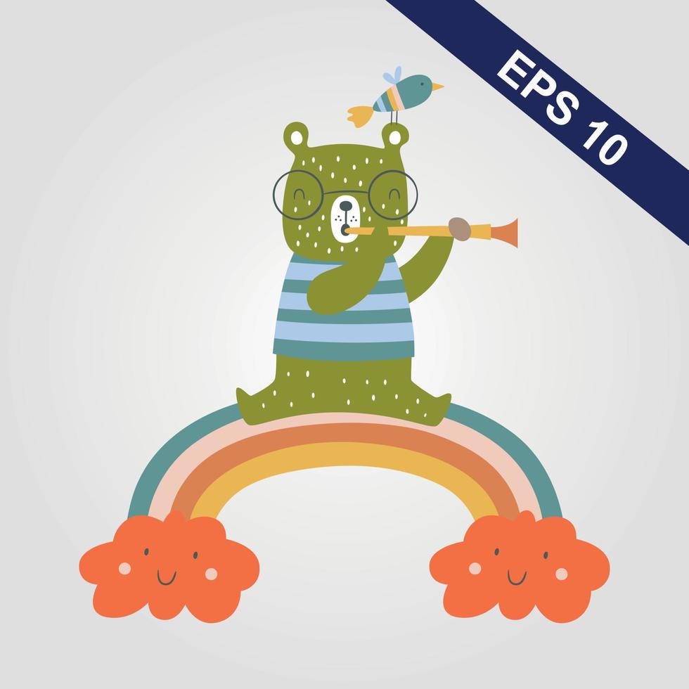 juguete de oso fresco cantando sentarse en la ilustración de arco iris vector